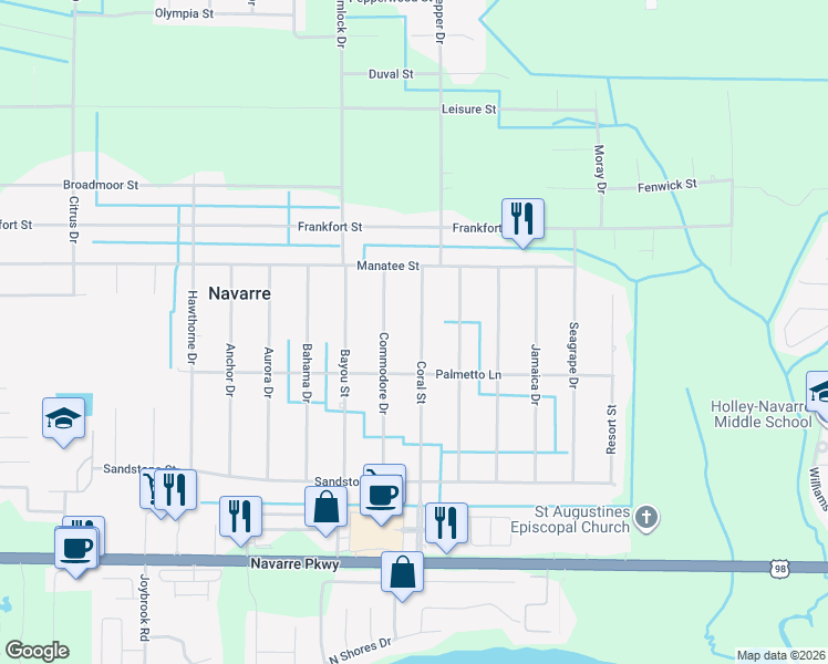 map of restaurants, bars, coffee shops, grocery stores, and more near 2005 Coral Street in Navarre