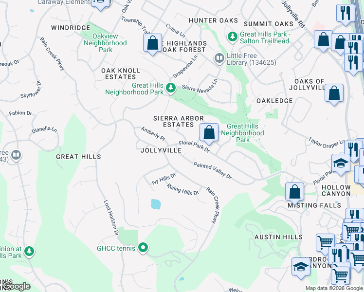 map of restaurants, bars, coffee shops, grocery stores, and more near 10511 Floral Park Drive in Austin