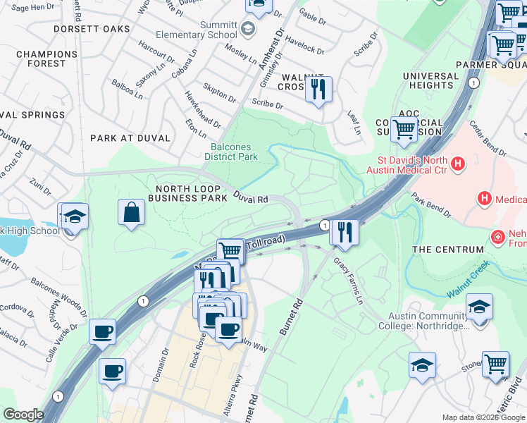 map of restaurants, bars, coffee shops, grocery stores, and more near 3201 Duval Road in Austin