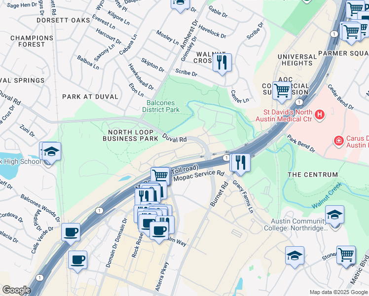 map of restaurants, bars, coffee shops, grocery stores, and more near 3201 Duval Road in Austin