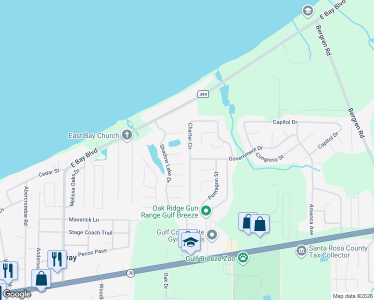 map of restaurants, bars, coffee shops, grocery stores, and more near 5558 Charter Circle in Gulf Breeze