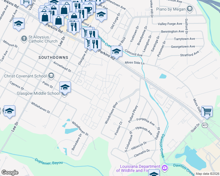 map of restaurants, bars, coffee shops, grocery stores, and more near 2020 Rouzan Avenue in Baton Rouge