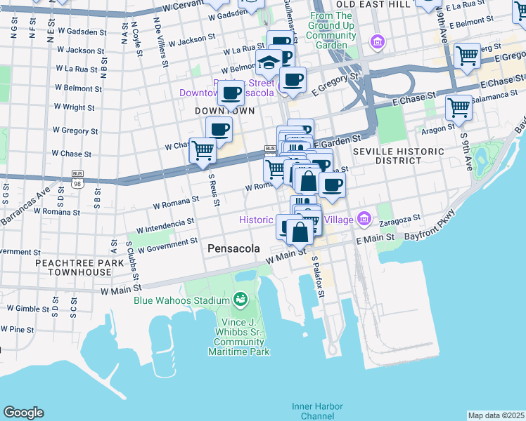 map of restaurants, bars, coffee shops, grocery stores, and more near 131 West Intendencia Street in Pensacola
