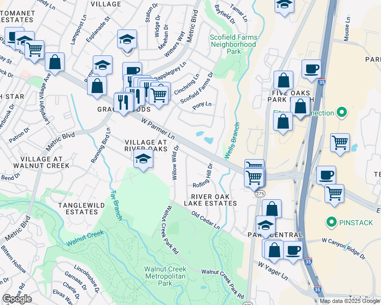map of restaurants, bars, coffee shops, grocery stores, and more near 1408 Cardinal Hill Drive in Austin