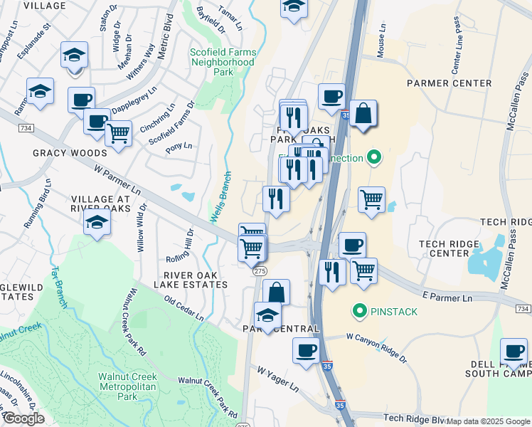map of restaurants, bars, coffee shops, grocery stores, and more near 12520 North Lamar Boulevard in Austin