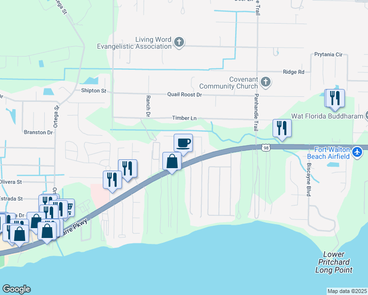 map of restaurants, bars, coffee shops, grocery stores, and more near 2093 Crafford Lane in Navarre