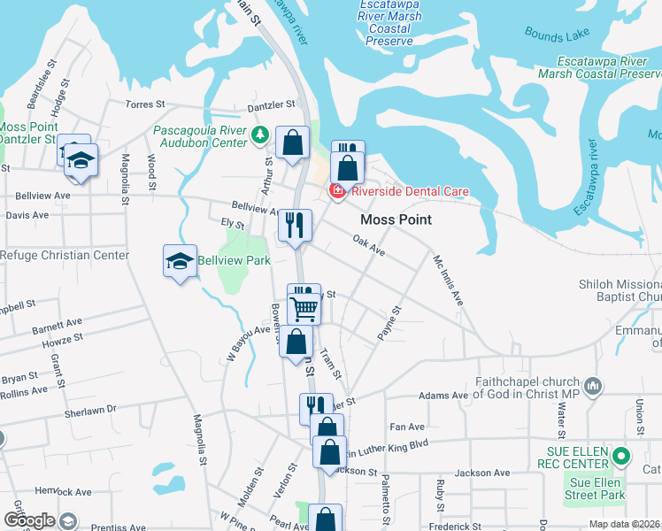 map of restaurants, bars, coffee shops, grocery stores, and more near 4400 Welch Ave in Moss Point
