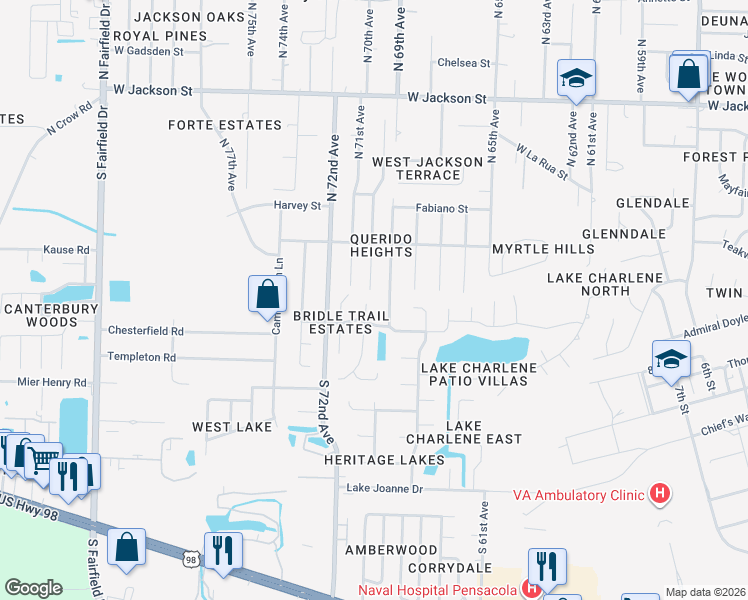 map of restaurants, bars, coffee shops, grocery stores, and more near 206 Arabian Drive in Pensacola