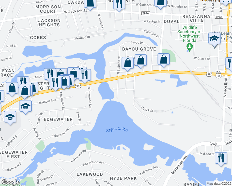 map of restaurants, bars, coffee shops, grocery stores, and more near 210 South Stillman Street in Pensacola