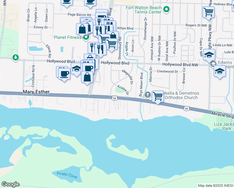 map of restaurants, bars, coffee shops, grocery stores, and more near 16 Oleander Pkwy in Mary Esther