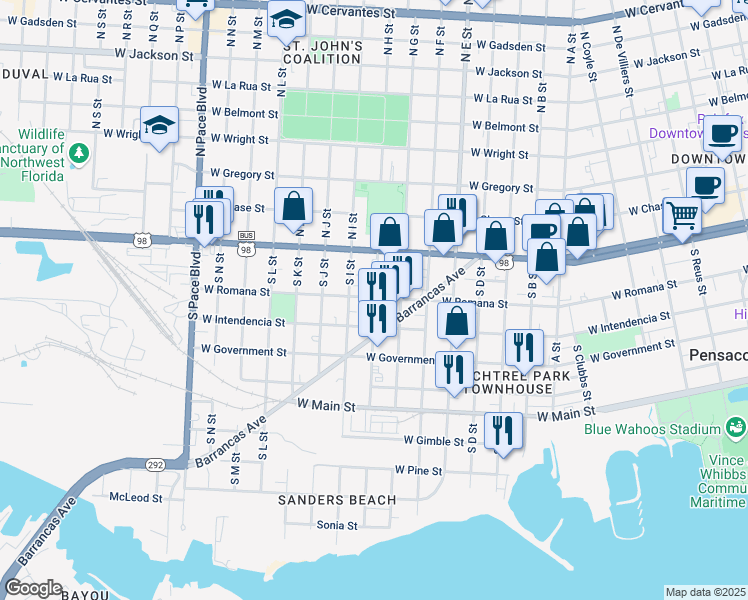 map of restaurants, bars, coffee shops, grocery stores, and more near 212 South H Street in Pensacola