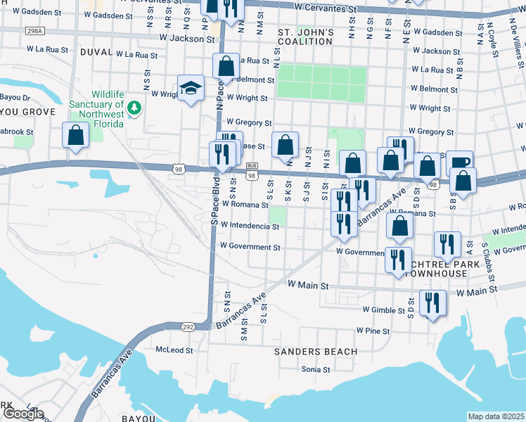 map of restaurants, bars, coffee shops, grocery stores, and more near 200-298 South L Street in Pensacola
