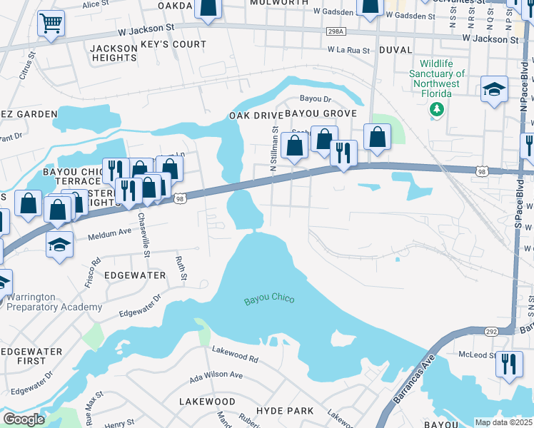 map of restaurants, bars, coffee shops, grocery stores, and more near 210 South Stillman Street in Pensacola