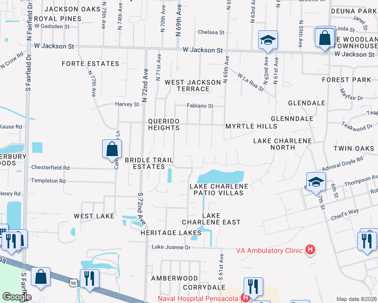 map of restaurants, bars, coffee shops, grocery stores, and more near 6760 Bunker Hill Circle in Pensacola