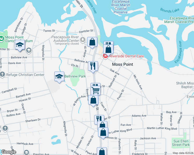 map of restaurants, bars, coffee shops, grocery stores, and more near 4718 Main St in Moss Point