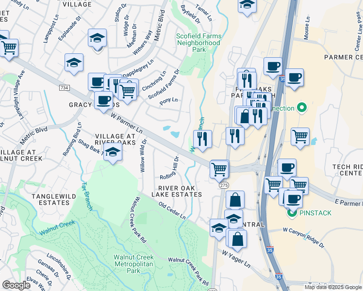 map of restaurants, bars, coffee shops, grocery stores, and more near 1310 West Parmer Lane in Austin