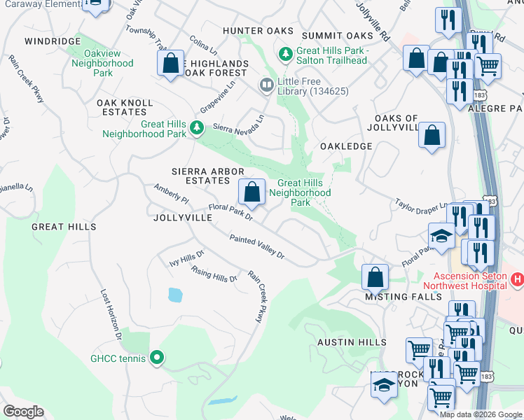 map of restaurants, bars, coffee shops, grocery stores, and more near 5803 Cedar Cliff Drive in Austin