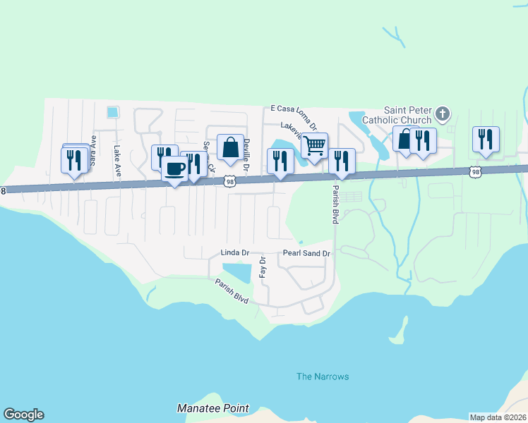 map of restaurants, bars, coffee shops, grocery stores, and more near 42 Stowe Road in Mary Esther