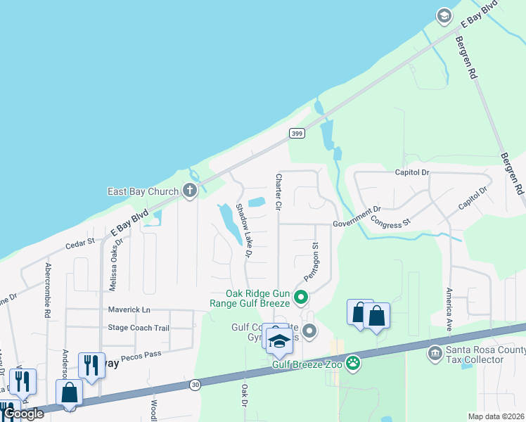 map of restaurants, bars, coffee shops, grocery stores, and more near 5558 Charter Circle in Gulf Breeze