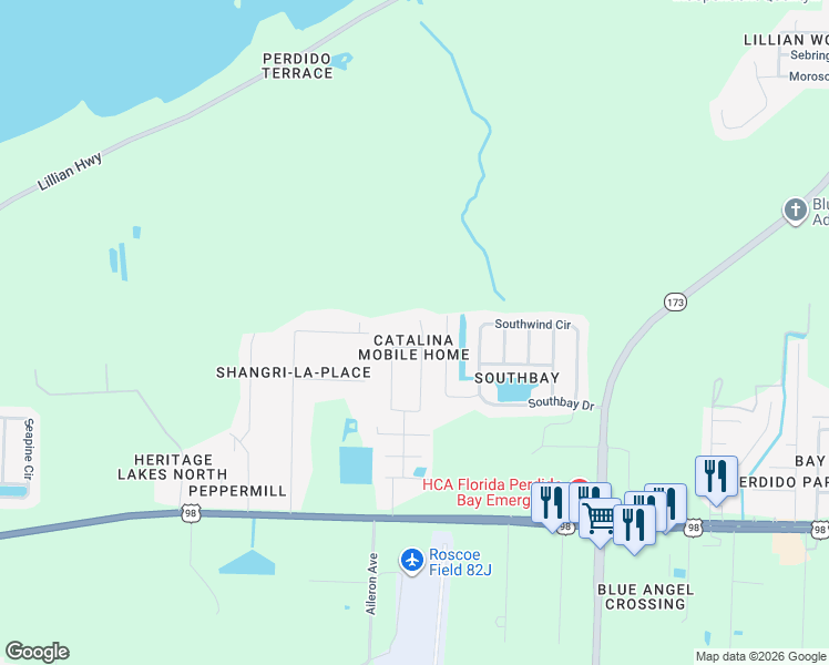 map of restaurants, bars, coffee shops, grocery stores, and more near 9706 San Jose Drive in Pensacola