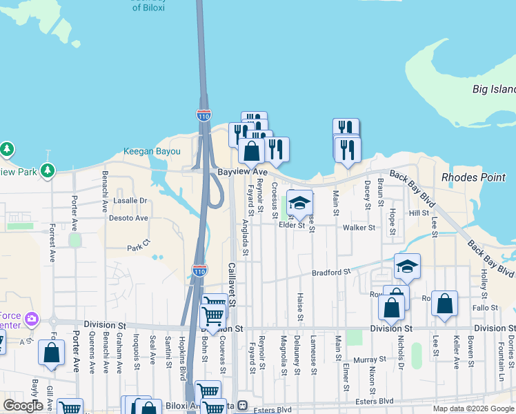 map of restaurants, bars, coffee shops, grocery stores, and more near 417 Croesus Street in Biloxi