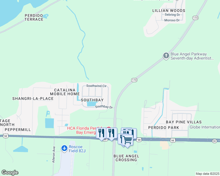 map of restaurants, bars, coffee shops, grocery stores, and more near 1944 Southwind Circle in Pensacola