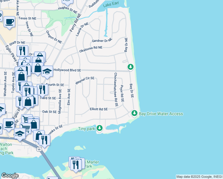 map of restaurants, bars, coffee shops, grocery stores, and more near 21 Choctawhatchee Road Southeast in Fort Walton Beach