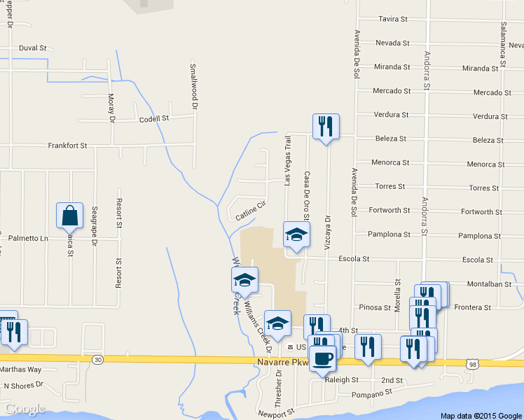 map of restaurants, bars, coffee shops, grocery stores, and more near 2070 Catline Circle in Navarre