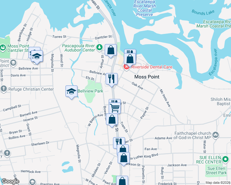 map of restaurants, bars, coffee shops, grocery stores, and more near 4718 Main Street in Moss Point