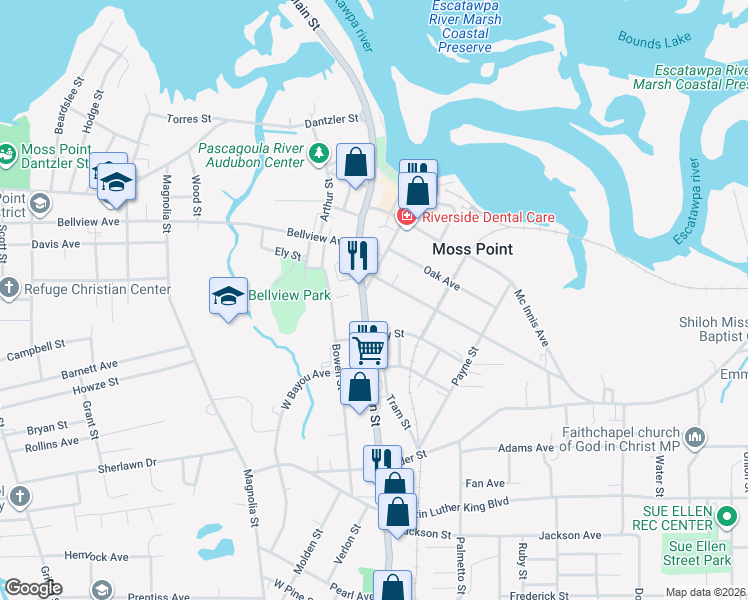 map of restaurants, bars, coffee shops, grocery stores, and more near 4718 Main St in Moss Point