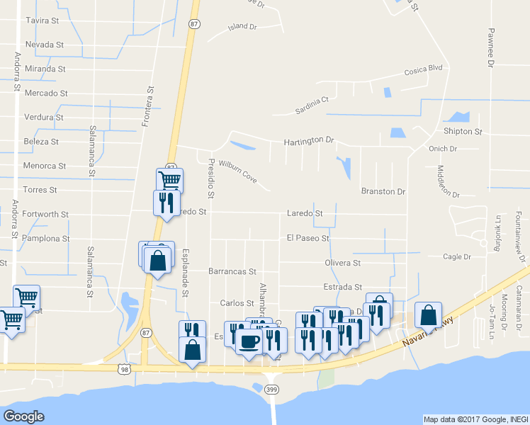 map of restaurants, bars, coffee shops, grocery stores, and more near 8562 Laredo Street in Navarre