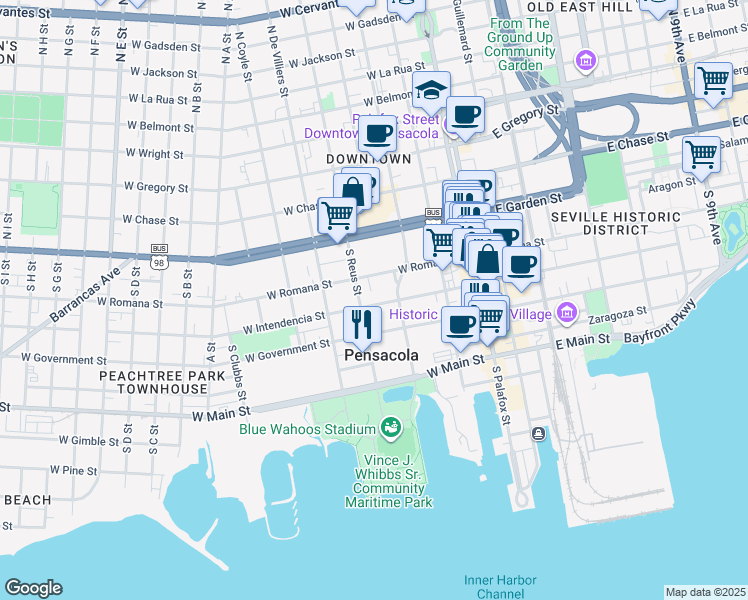 map of restaurants, bars, coffee shops, grocery stores, and more near 212 West Intendencia Street in Pensacola