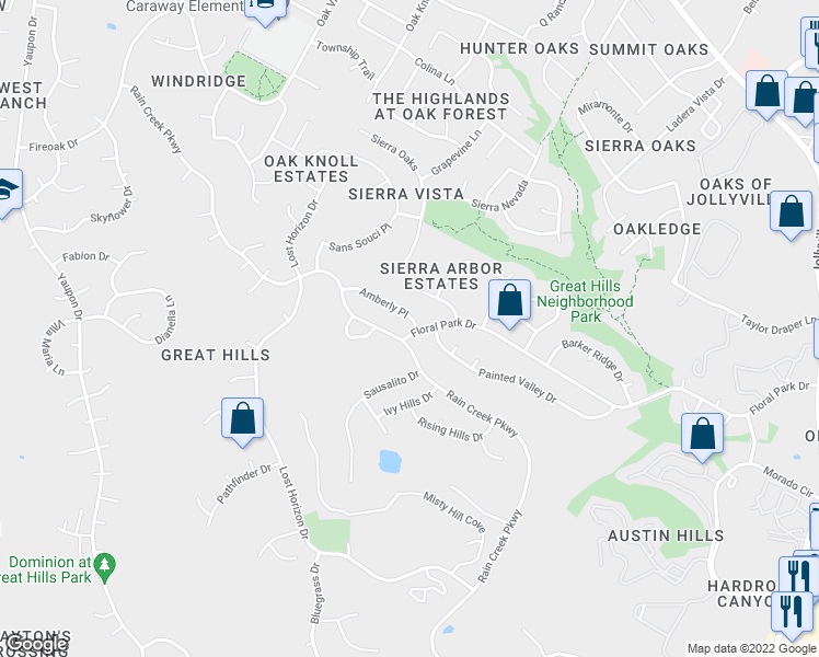 map of restaurants, bars, coffee shops, grocery stores, and more near 10502 Floral Park Drive in Austin