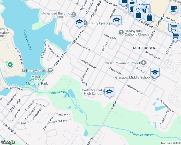 map of restaurants, bars, coffee shops, grocery stores, and more near 1307 Stephens Avenue in Baton Rouge
