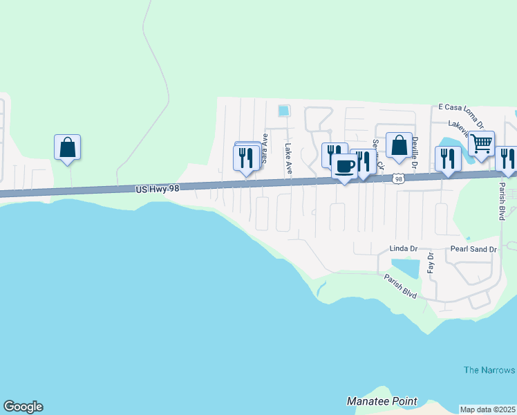 map of restaurants, bars, coffee shops, grocery stores, and more near 427 Sandy Ridge Circle in Mary Esther