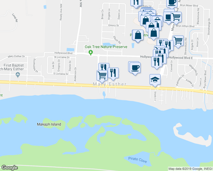 map of restaurants, bars, coffee shops, grocery stores, and more near 138 Miracle Strip Parkway in Mary Esther