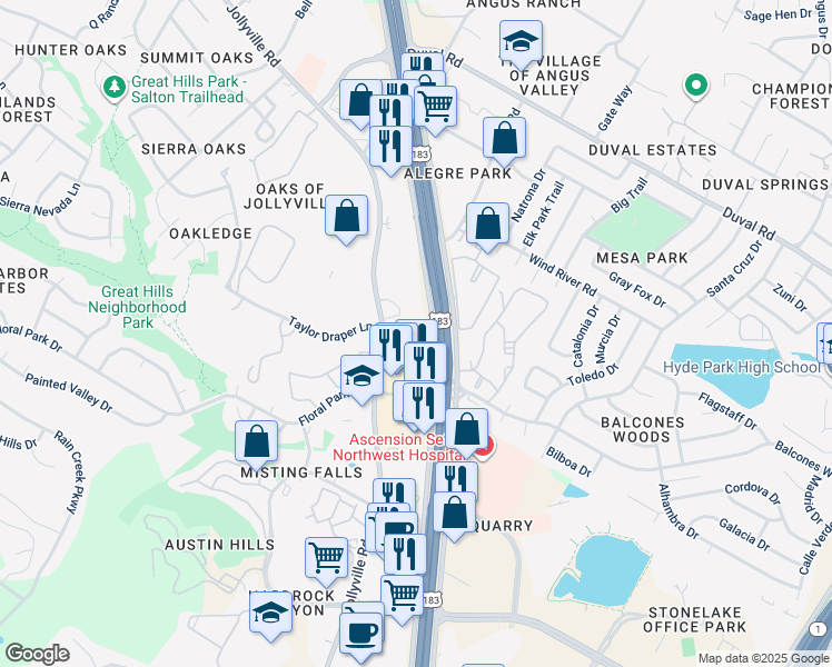 map of restaurants, bars, coffee shops, grocery stores, and more near 11400 Research Boulevard in Austin