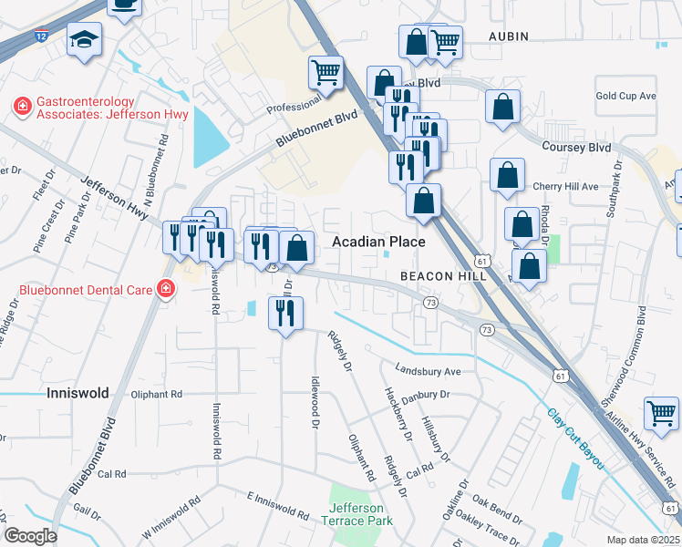 map of restaurants, bars, coffee shops, grocery stores, and more near 10101 Jefferson Highway in Baton Rouge