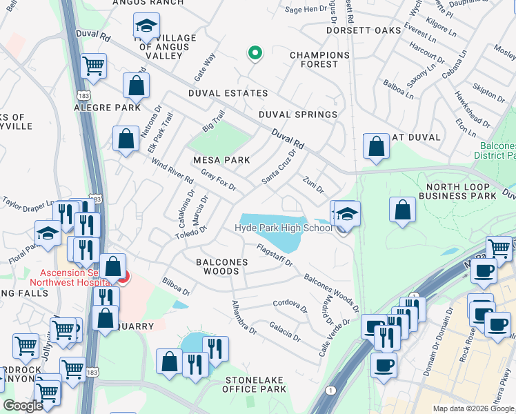 map of restaurants, bars, coffee shops, grocery stores, and more near 11609 Spotted Horse Drive in Austin