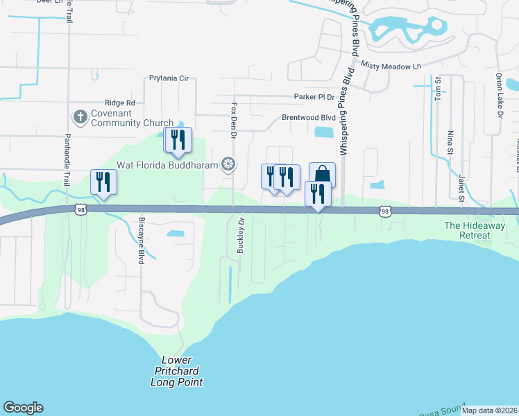map of restaurants, bars, coffee shops, grocery stores, and more near 9484 Navarre Parkway in Navarre
