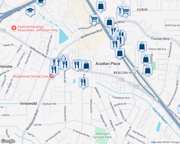 map of restaurants, bars, coffee shops, grocery stores, and more near 10049 Jefferson Highway in Baton Rouge