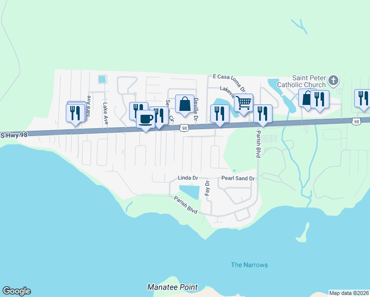 map of restaurants, bars, coffee shops, grocery stores, and more near 32 Snook Road in Mary Esther
