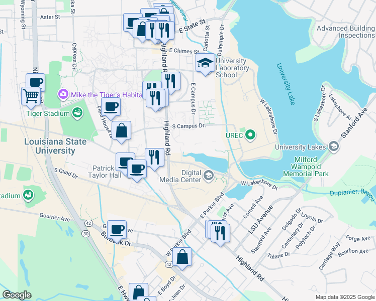 map of restaurants, bars, coffee shops, grocery stores, and more near 8000 G S R I Rd in Baton Rouge