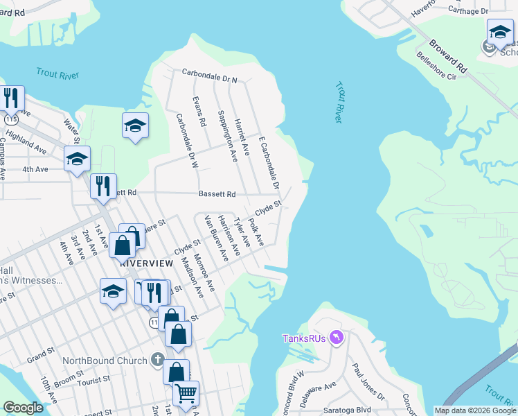 map of restaurants, bars, coffee shops, grocery stores, and more near 1450 Clyde Street in Jacksonville