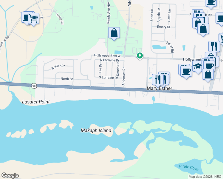map of restaurants, bars, coffee shops, grocery stores, and more near 305 US Highway 98 in Mary Esther