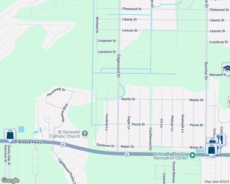 map of restaurants, bars, coffee shops, grocery stores, and more near 2005 Edgewood Drive in Navarre