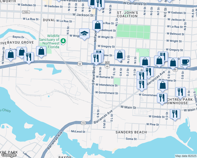 map of restaurants, bars, coffee shops, grocery stores, and more near 211 South N Street in Pensacola