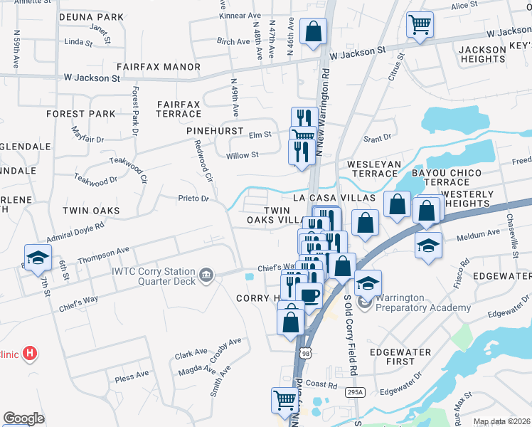 map of restaurants, bars, coffee shops, grocery stores, and more near Bradford Drive in Pensacola
