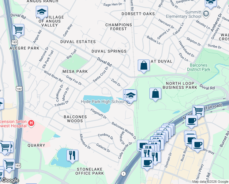 map of restaurants, bars, coffee shops, grocery stores, and more near 4223 Red Cloud Drive in Austin