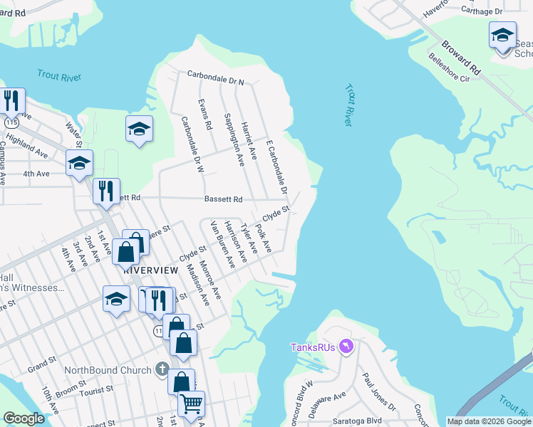 map of restaurants, bars, coffee shops, grocery stores, and more near 1450 Clyde Street in Jacksonville